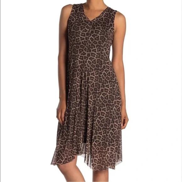 T Tahari NWT Flare Asymmetric Leopard Print Sleeveless Mesh Dress - Picture 1 of 12